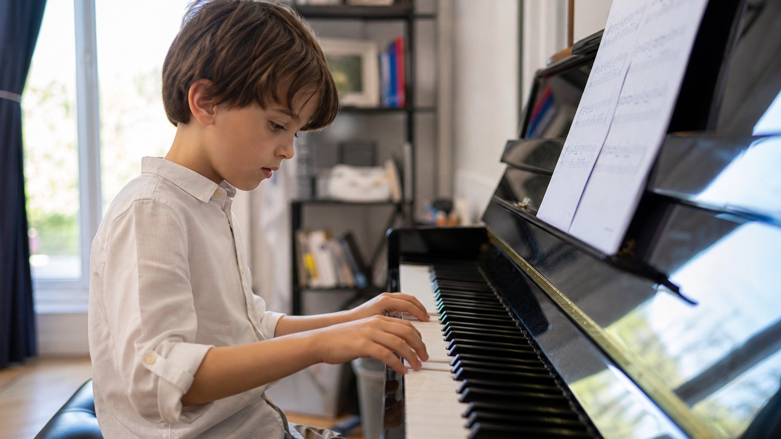 Jeune élève travaillant son instrument à la maison, partition ouverte et carnet de consignes
