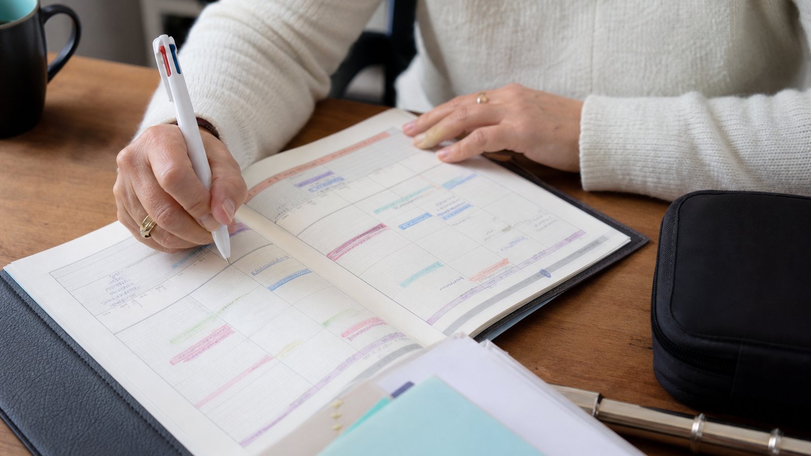Professeur de musique organisant son planning hebdomadaire de cours sur un agenda à la rentrée